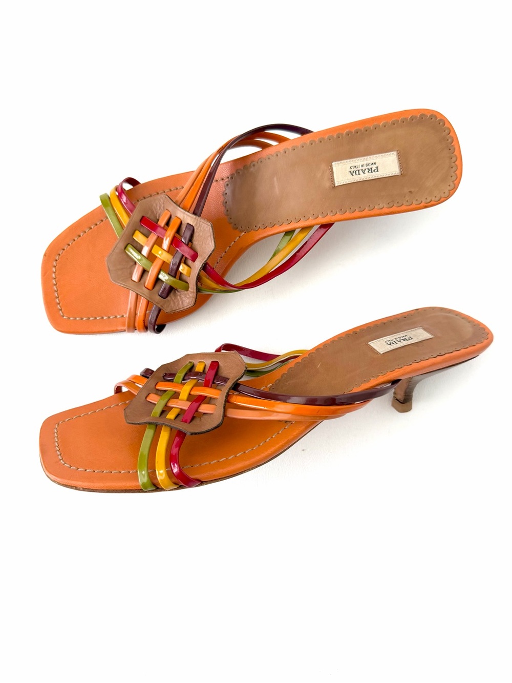 PRADA | Vintage Orange Multicolor Patent Leather Slide Sandals Kitten Heel 38.5
